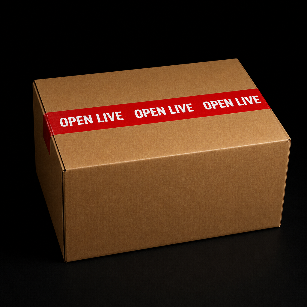 Brown shipping box sealed with red OPEN LIVE tape
